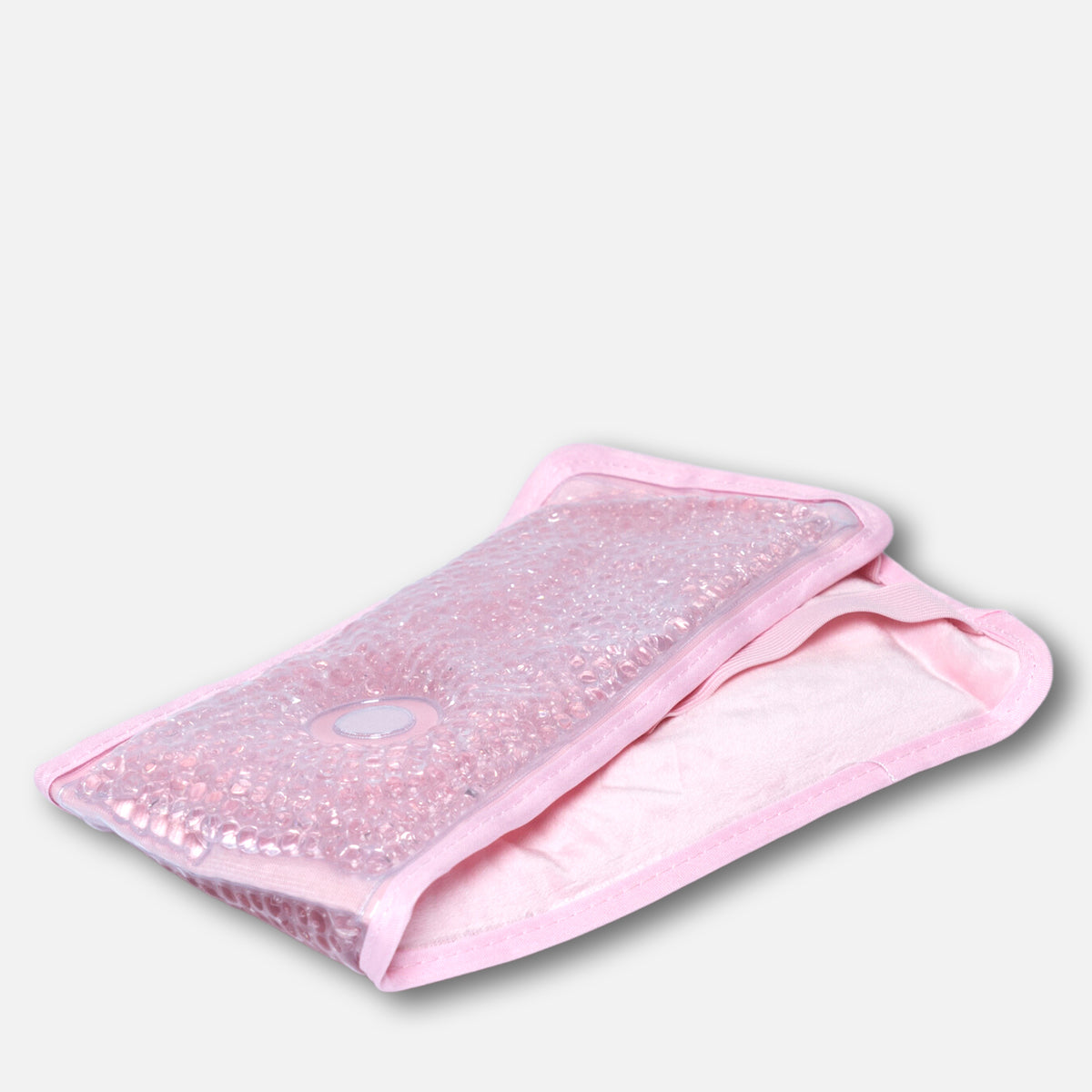 Pink gel bead period heat pack in soft fabric sleeve