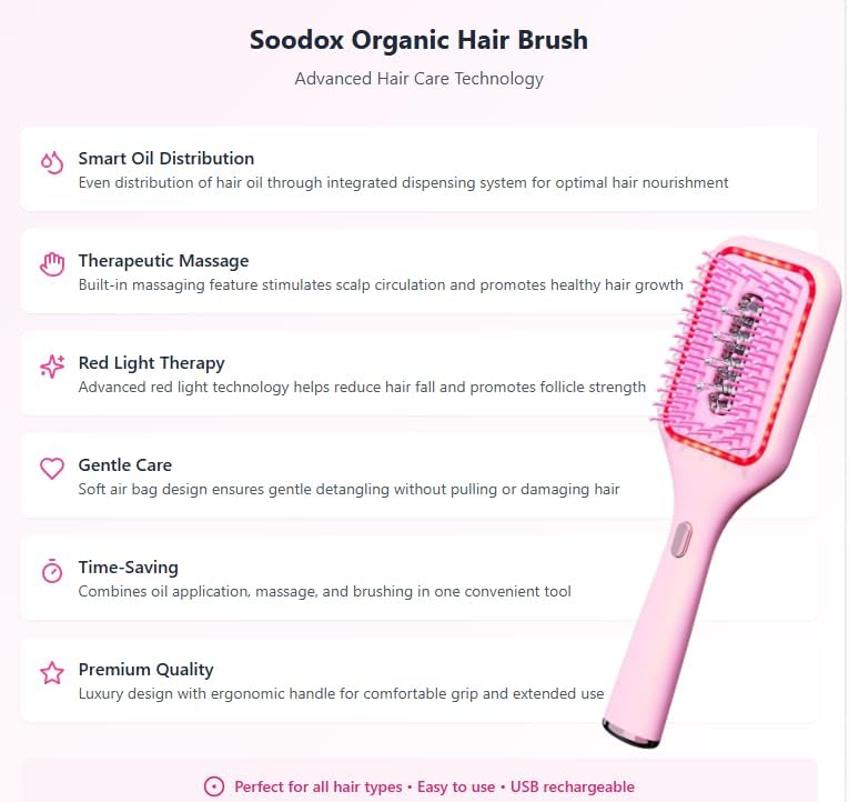 Soodox Organic Hair Oil Dispensing Brush with Red Light Technology