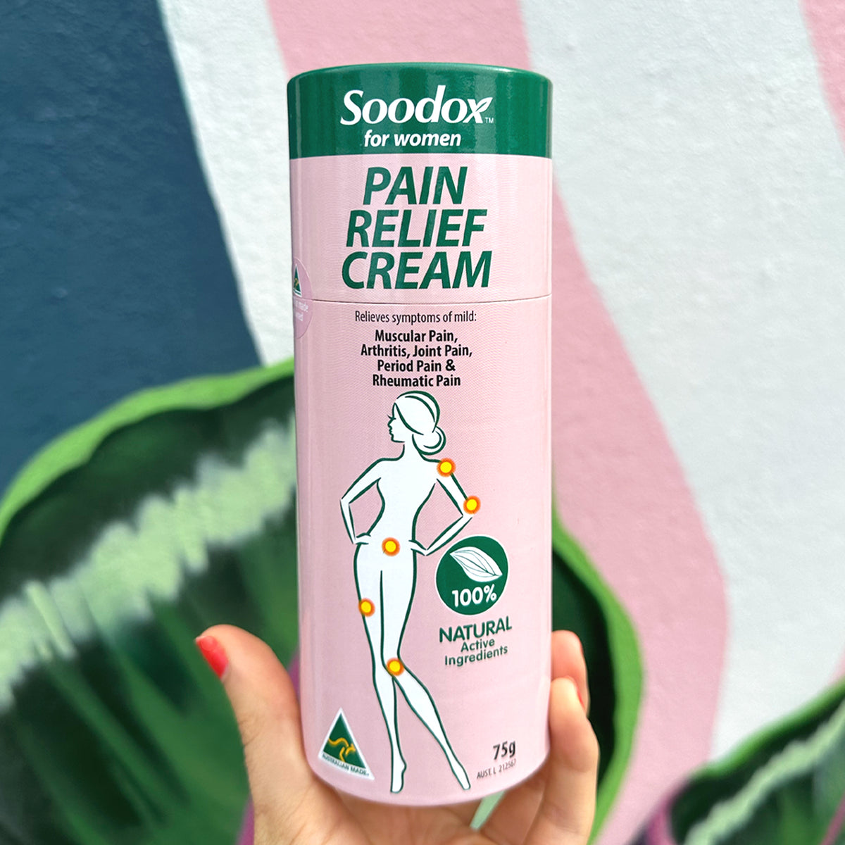 Hand holding Soodox for Women Pain Relief Cream 75g box