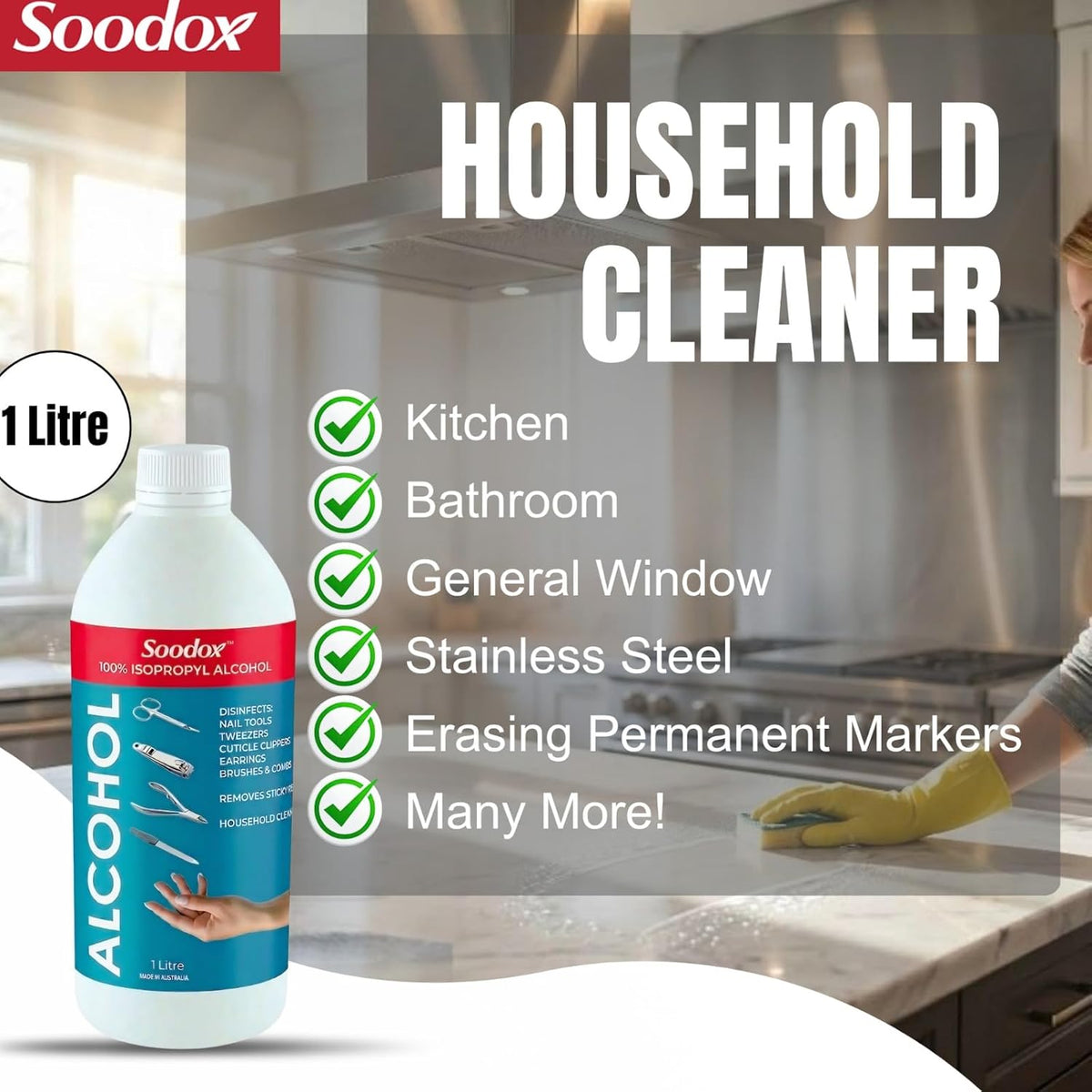 Soodox Isopropyl Alcohol 1 litre bottle with list of household cleaning uses