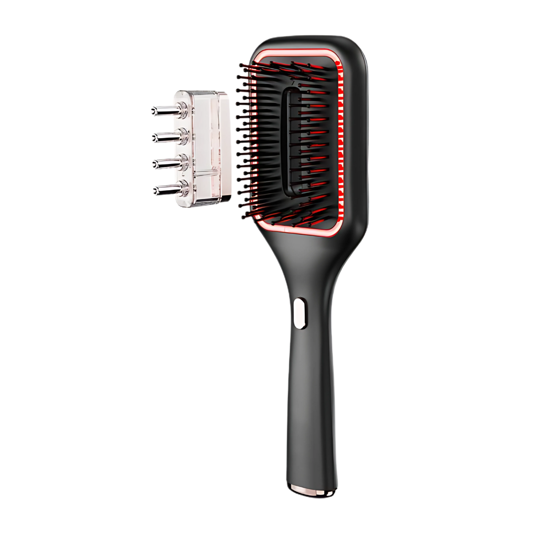 Black hair oil dispensing brush with clear oil reservoir attached