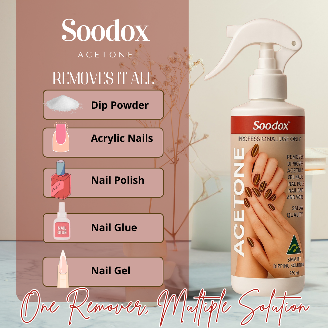 Soodox Acetone spray bottle with list: dip powder, acrylic nails, nail polish, nail glue, nail gel
