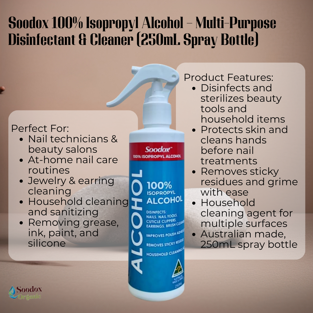 Soodox Isopropyl Alcohol 250mL spray bottle with list of uses and features