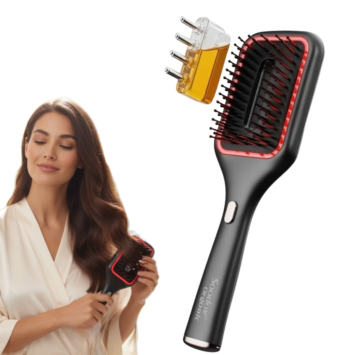 Woman holding black hair oil dispensing brush with oil reservoir