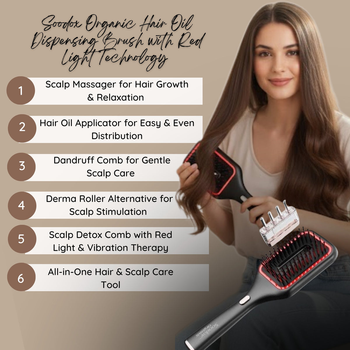 Soodox Hair Oil Dispensing Brush feature list with woman holding the brush