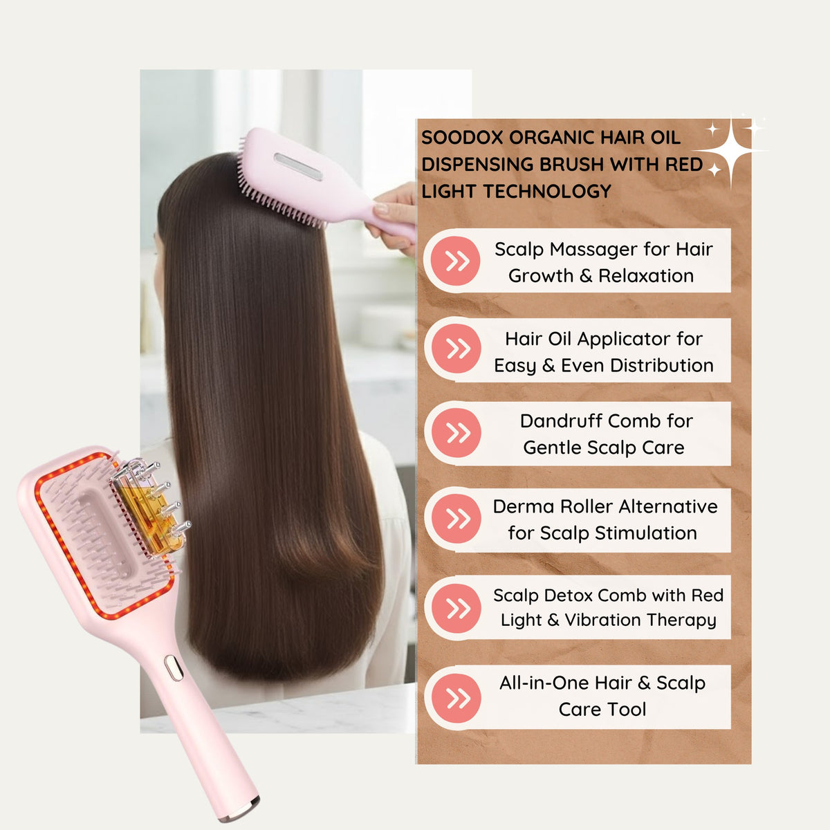 Soodox Organic Hair Oil Dispensing Brush with Red Light Technology in PINK Color