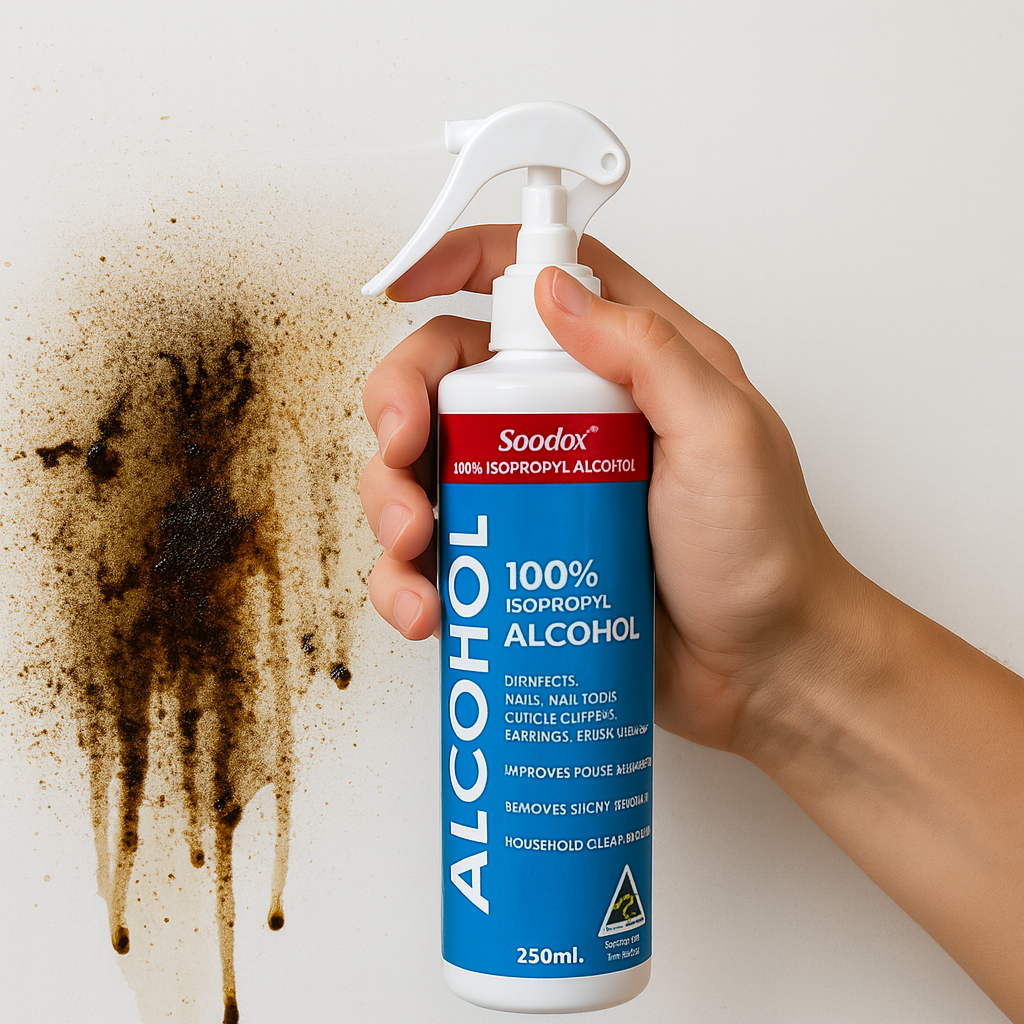 Hand spraying Soodox Isopropyl Alcohol spray bottle at a stained wall