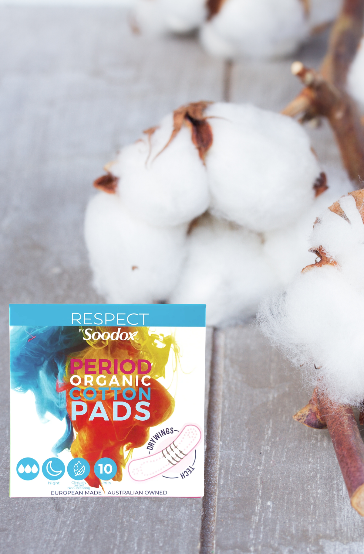 Respect by Soodox Period Organic Cotton Pads box with cotton flowers