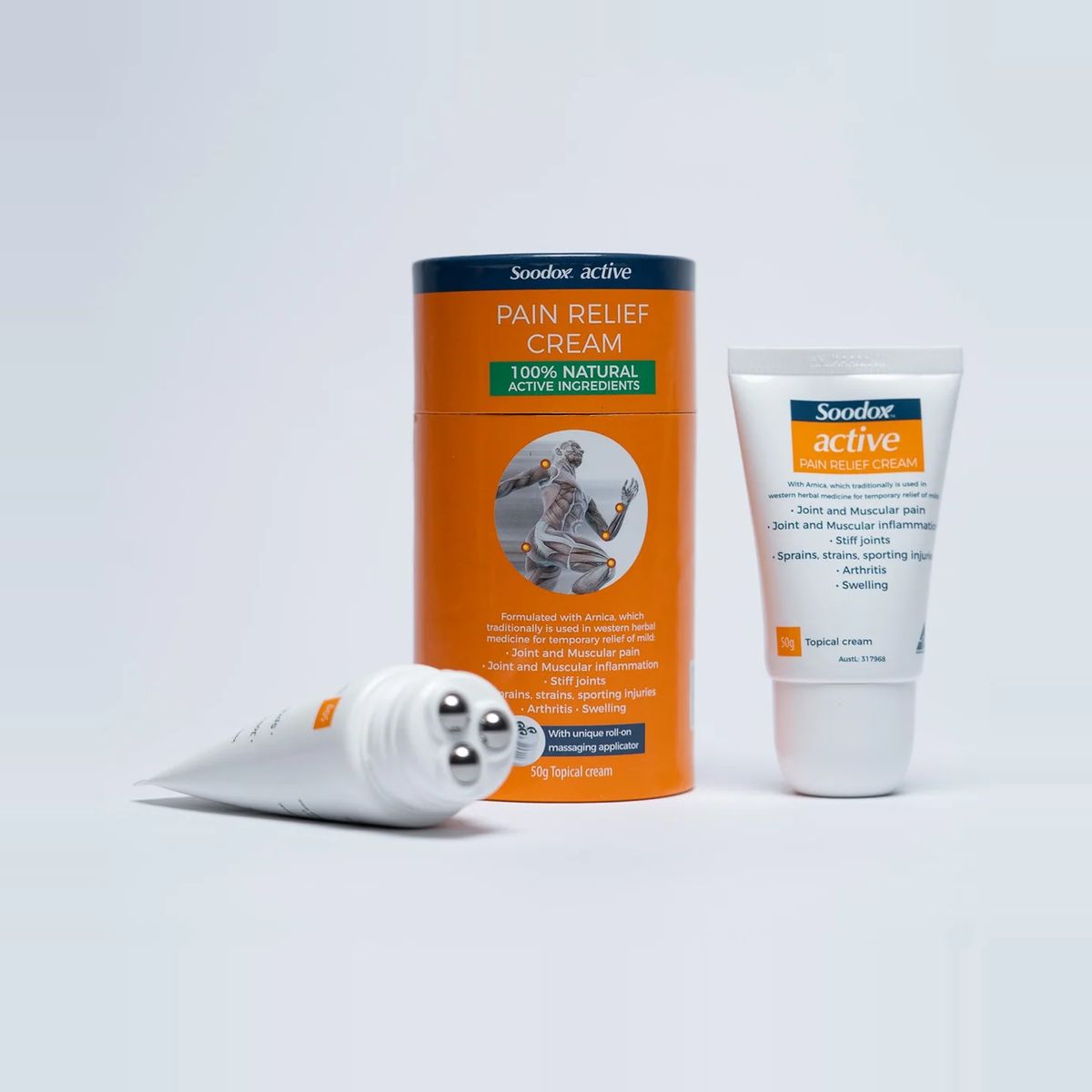 Soodox Active Pain Relief Cream 50g canister with roll-on tubes