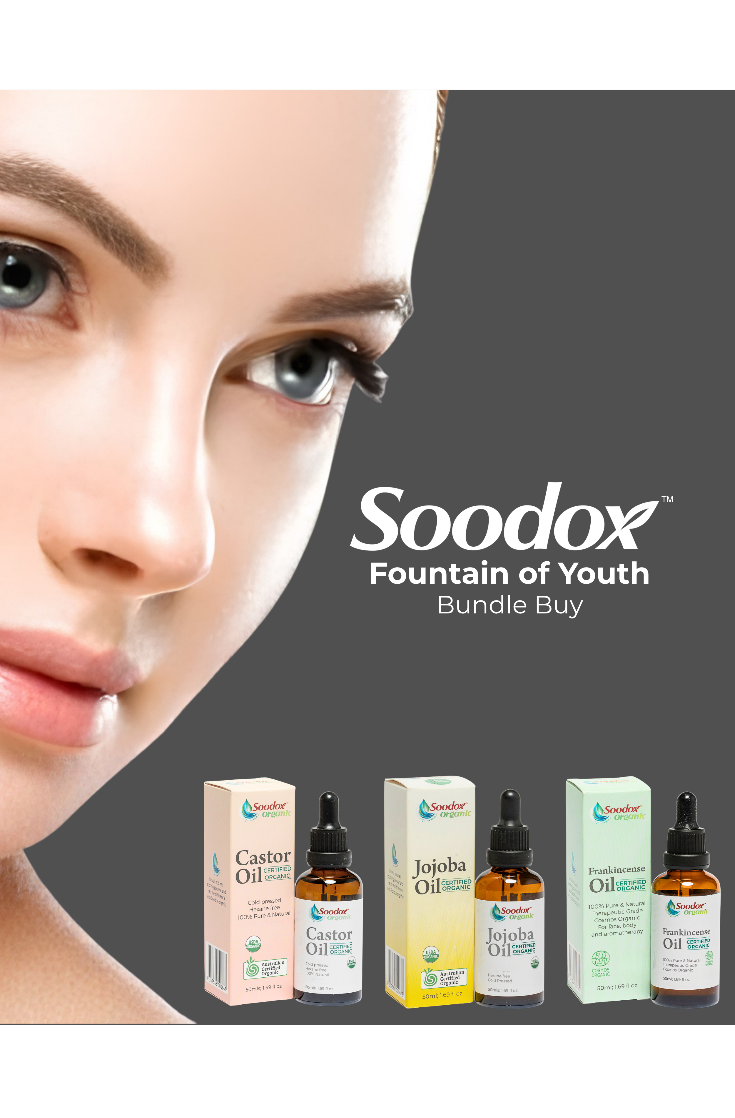 Soodox Organic Fountain of Youth Bundle (1x Castor Oil, 1x Jojoba Oil, 1x Frankincense Oil)