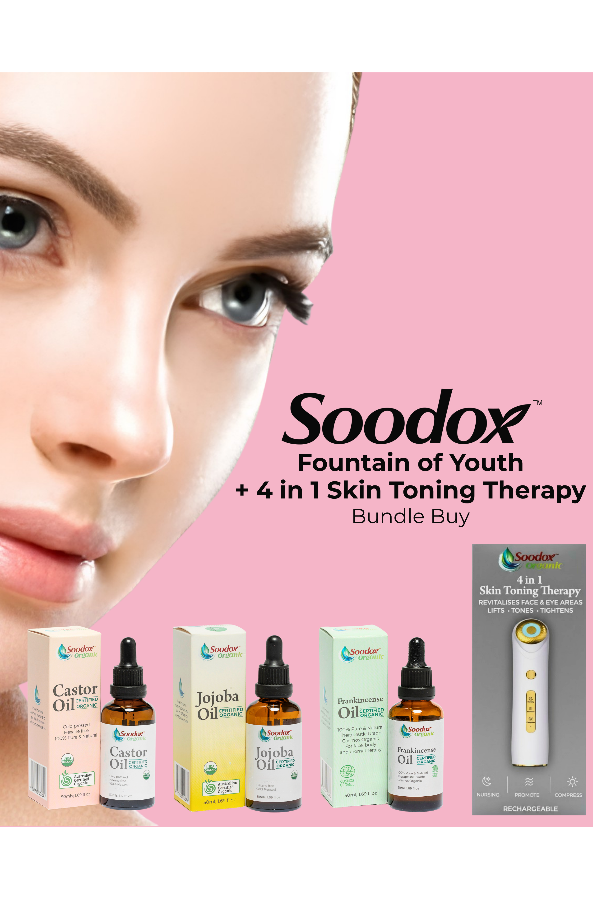 Soodox Organic Fountain of Youth Bundle (1x Castor Oil, 1x Jojoba Oil, 1x Frankincense Oil) + Soodox 4 in 1 Skin Toning Therapy