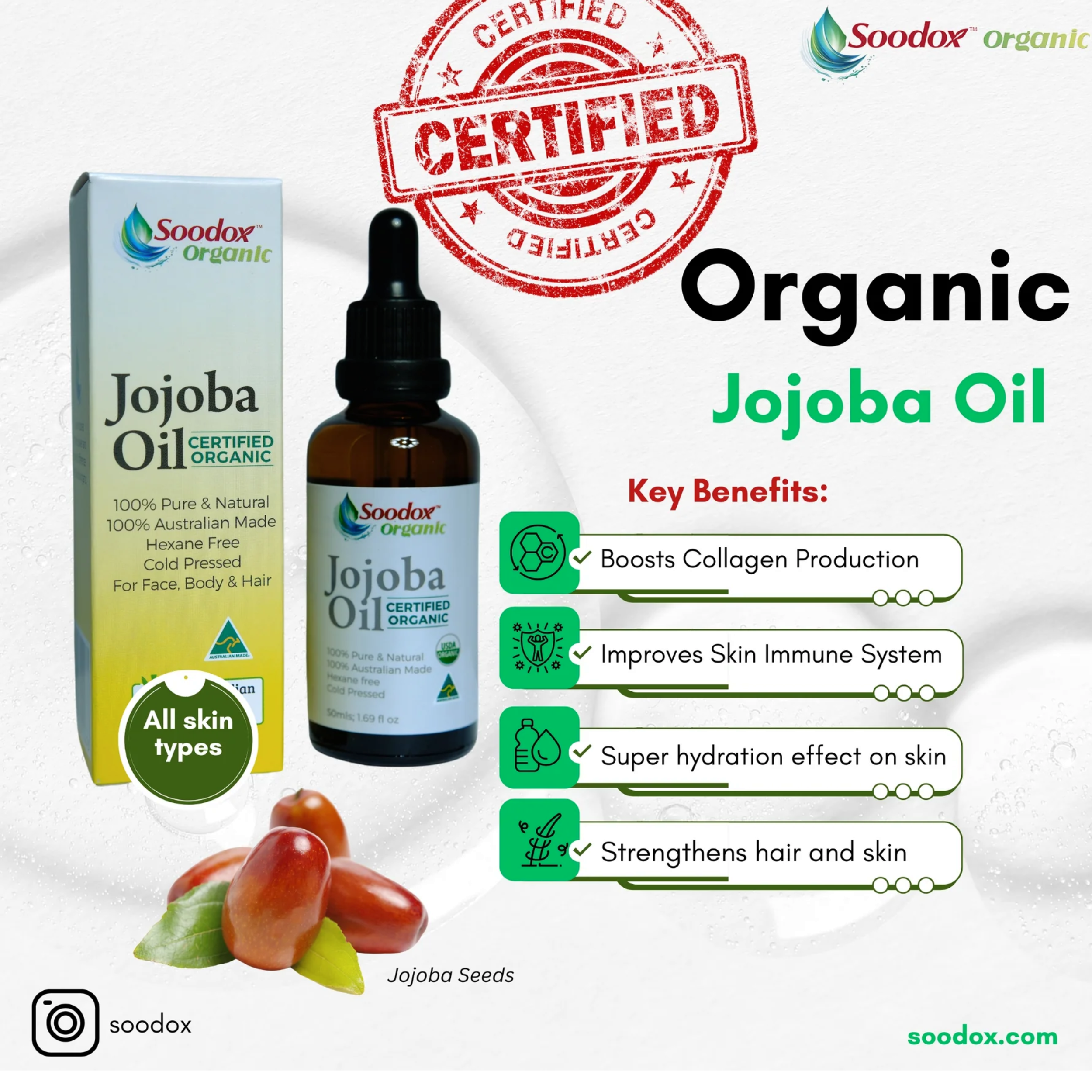 Soodox Organic Jojoba Oil 50ml with Oil Brushes