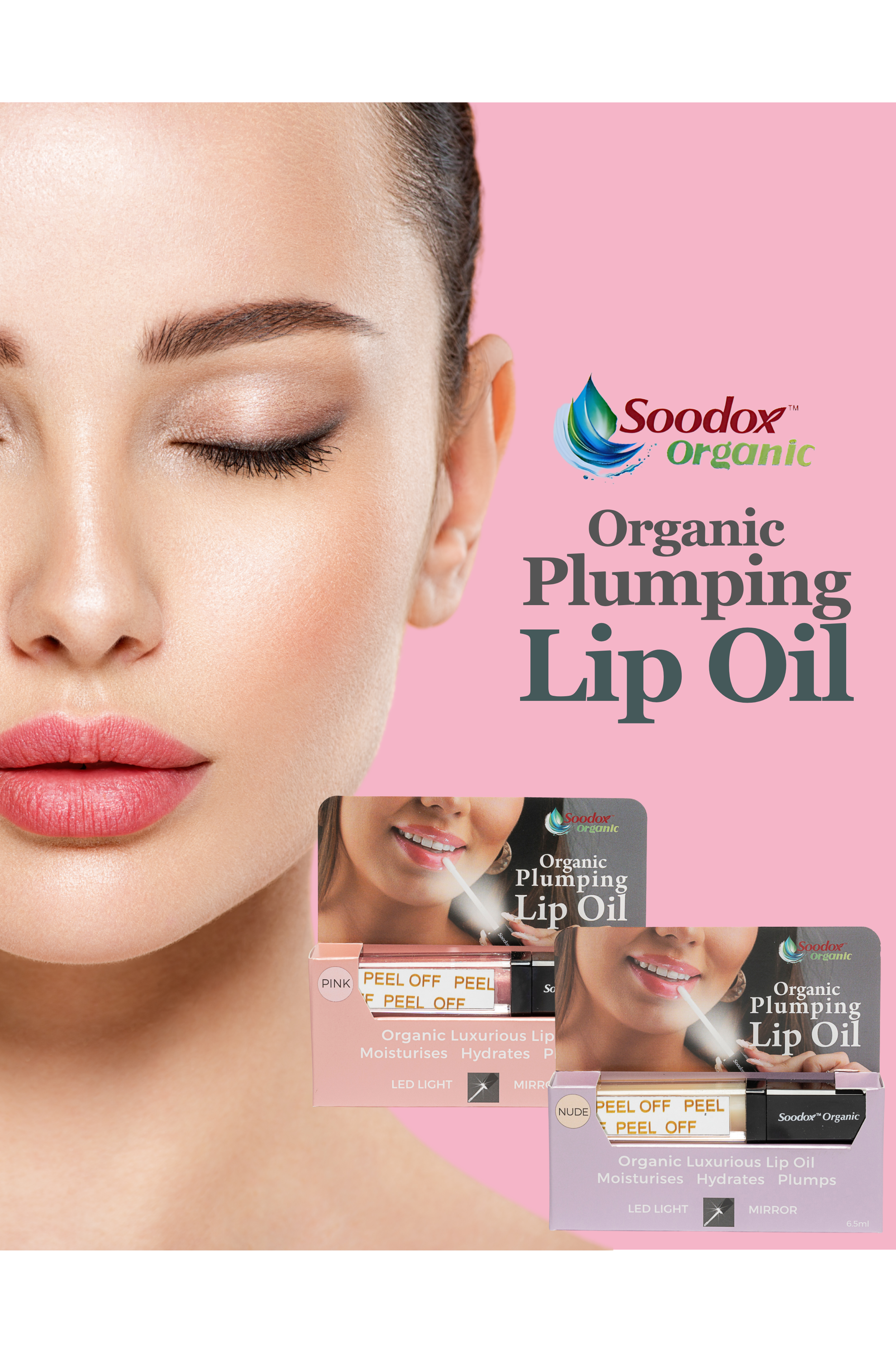Soodox Organic Plumping Lip Oil with Light & Mirror BUNDLE BUY 1x PINK, 1 x NUDE