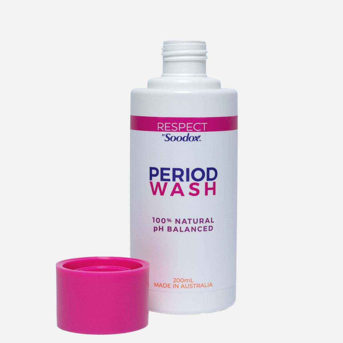 Respect by Soodox Period Wash 200ml bottle beside its pink cap