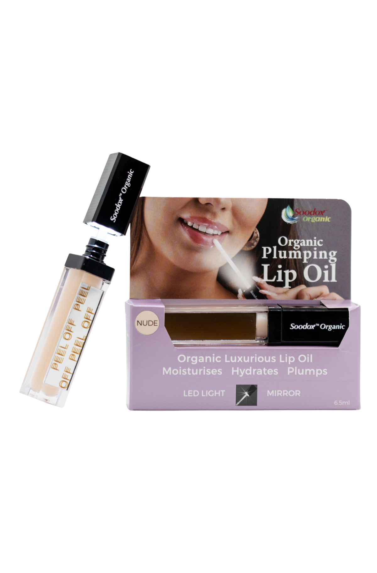 Soodox Organic Plumping Lip Oil tube beside its box