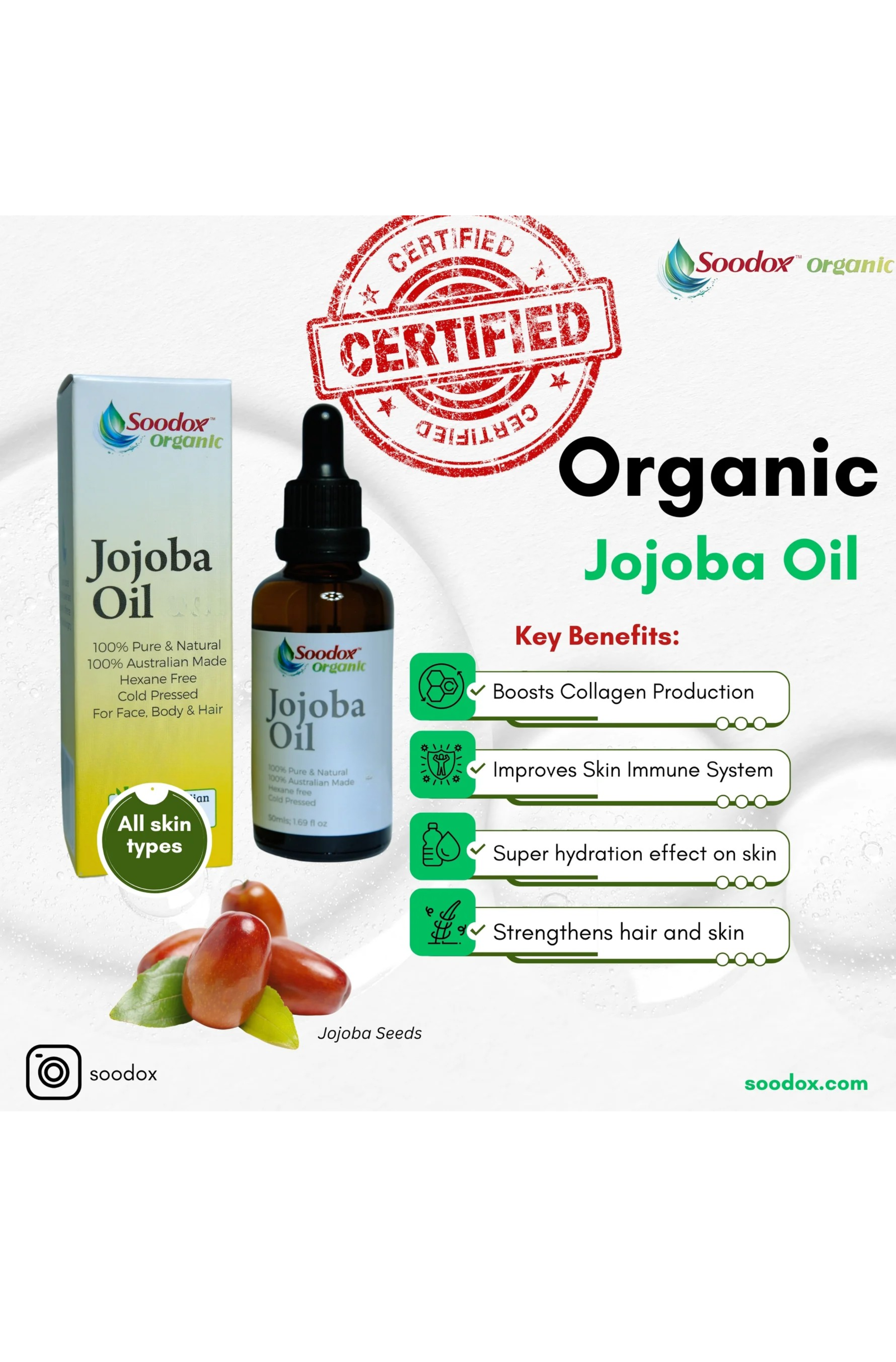Soodox Organic Jojoba Oil 50ml Set with Scalp Oil Applicator