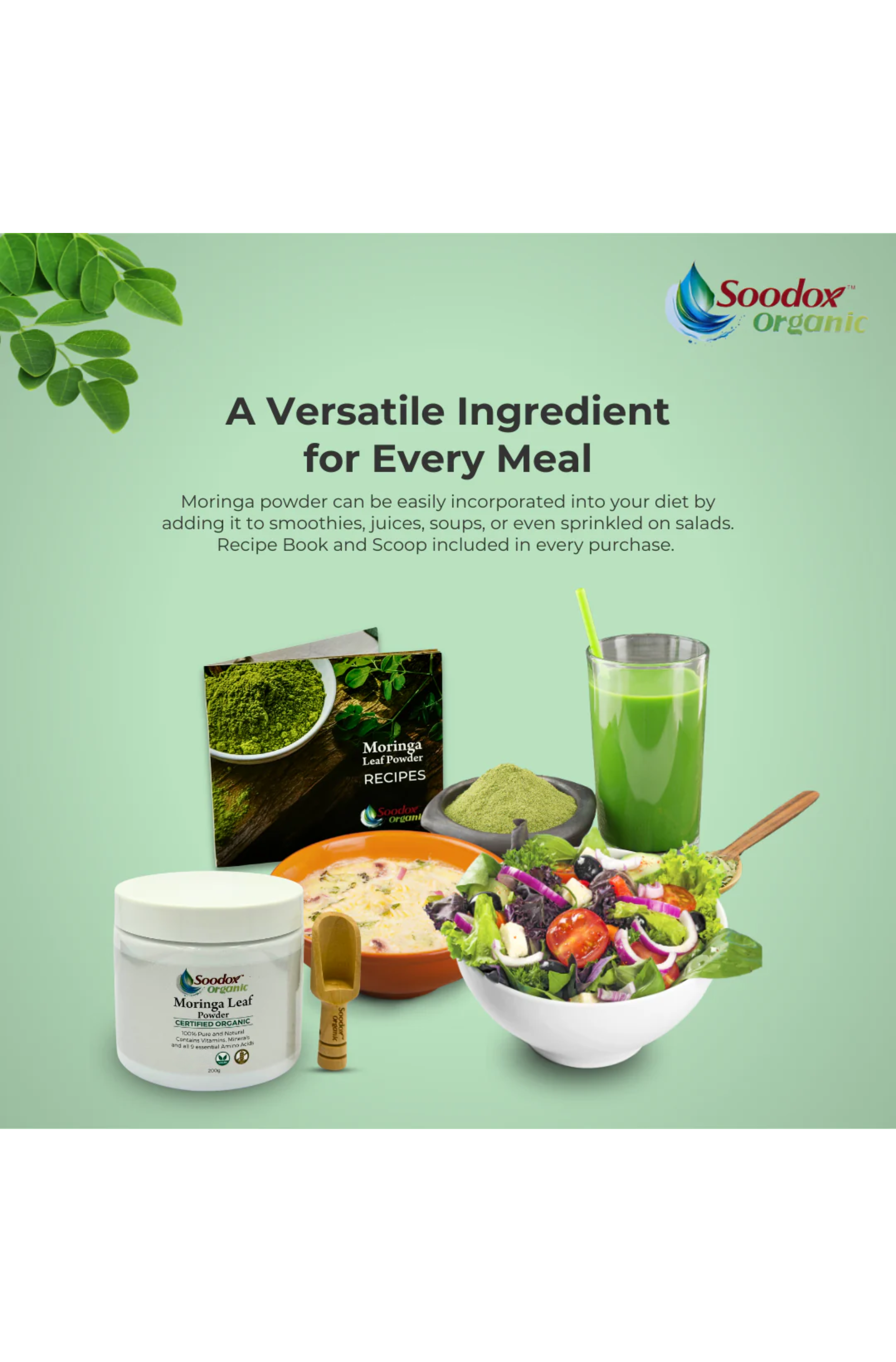 Soodox™ Certified Organic Moringa Leaf Powder 200g (includes wooden scoop)