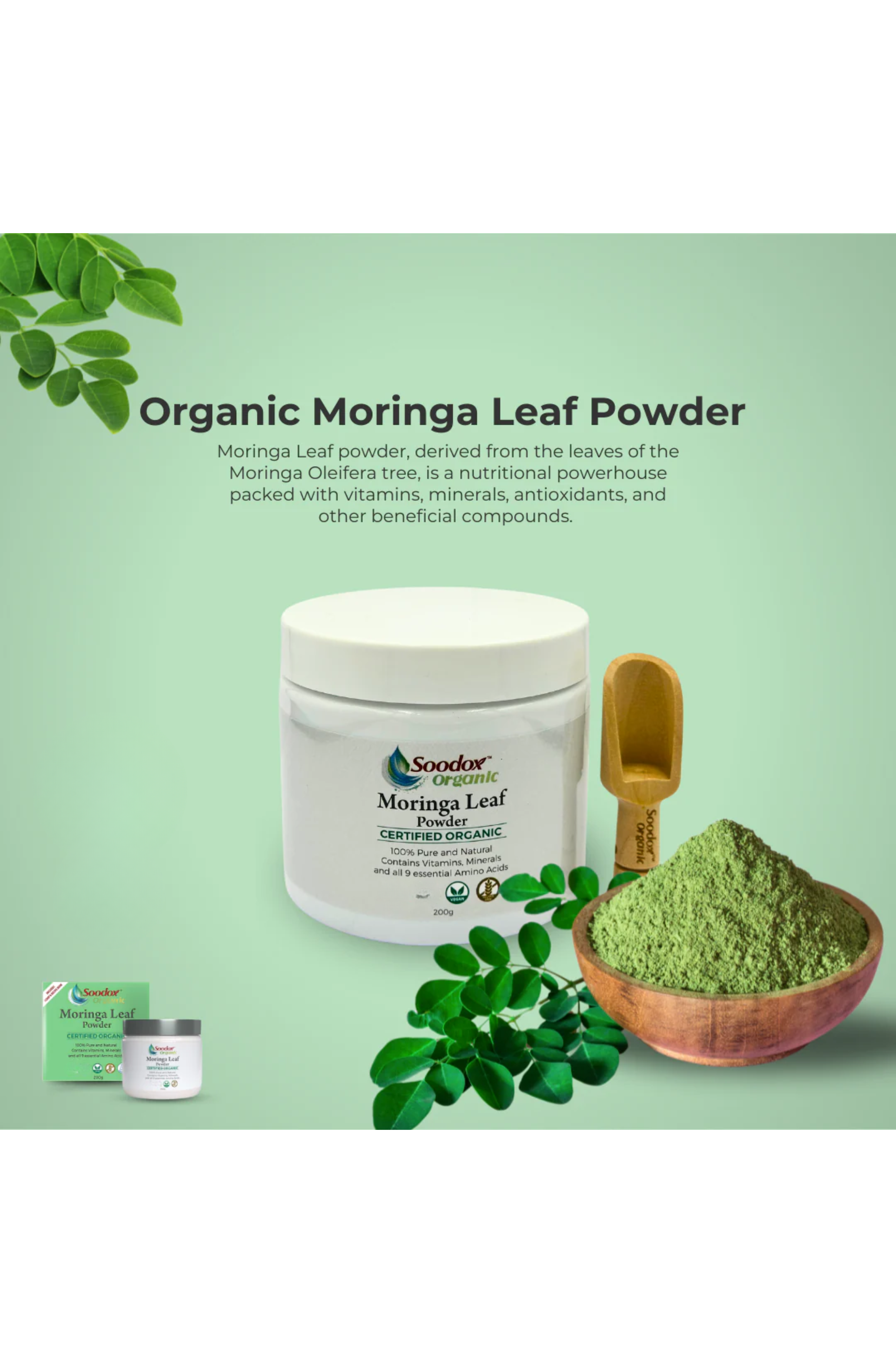 Soodox™ Certified Organic Moringa Leaf Powder 200g (includes wooden scoop)