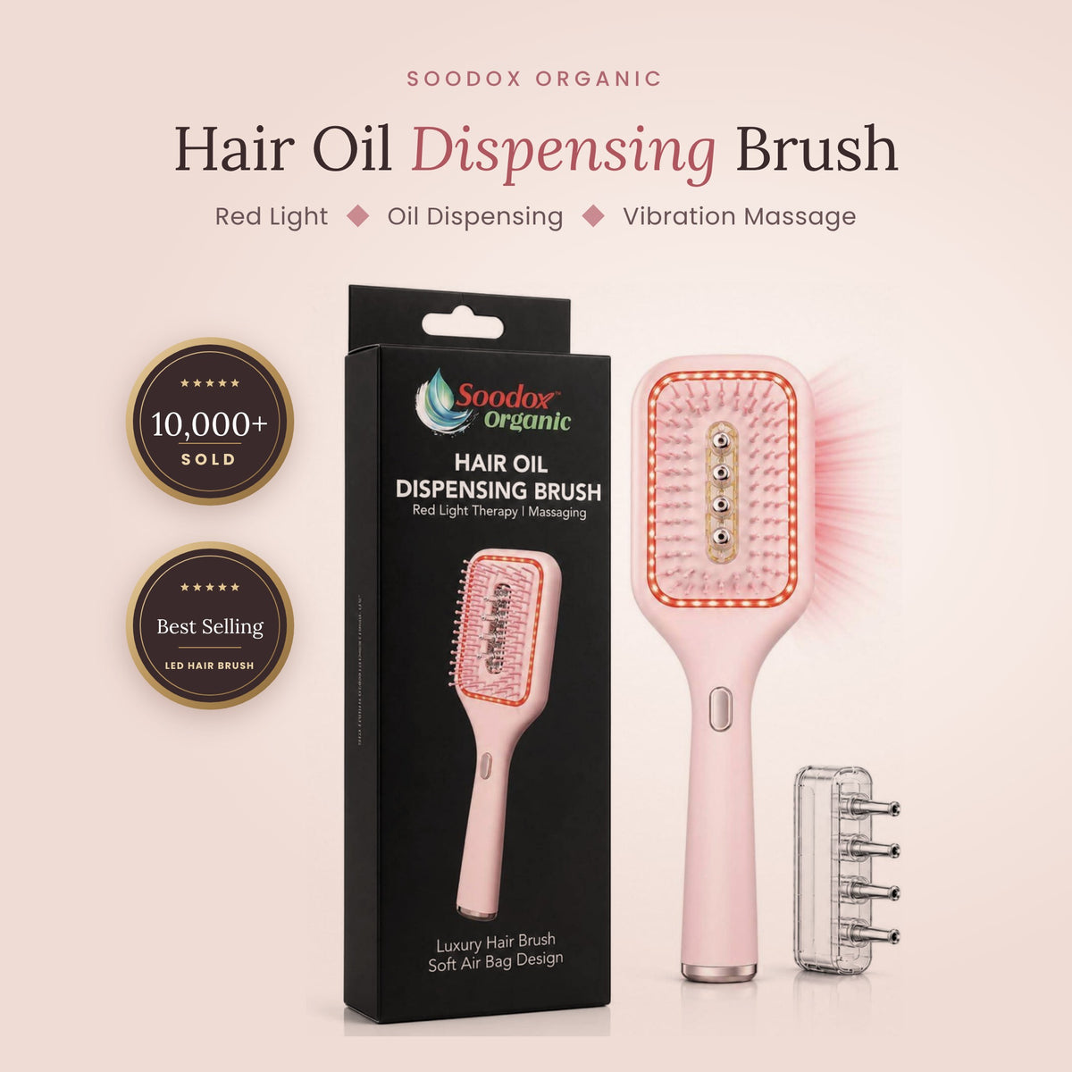 Soodox Organic Hair Oil Dispensing Brush with Red Light Technology in PINK Color
