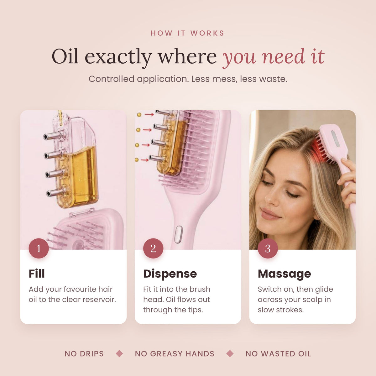 Soodox Organic Hair Oil Dispensing Brush with Red Light Technology in PINK Color
