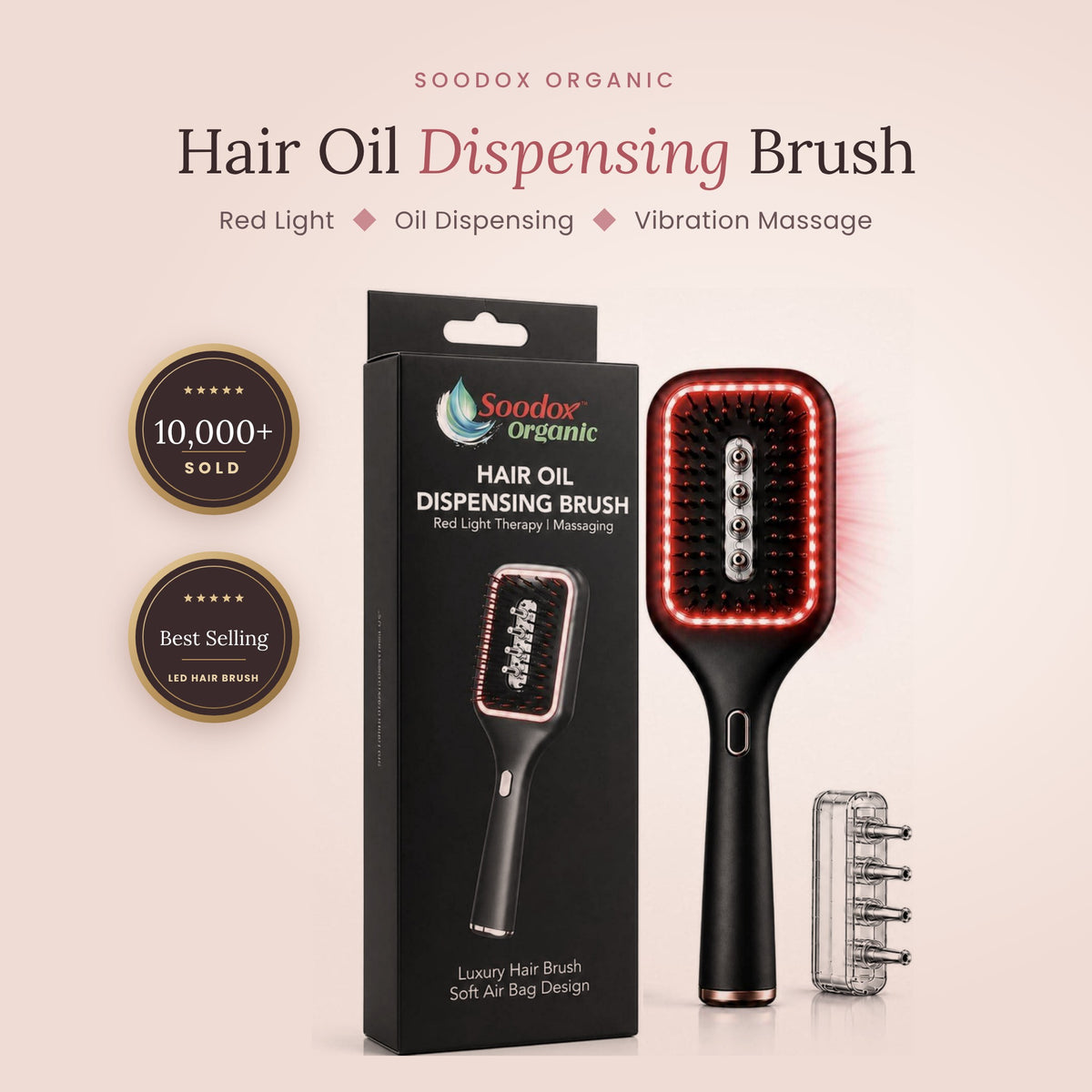 Soodox Organic Hair Oil Dispensing Brush with Red Light Technology in BLACK Color