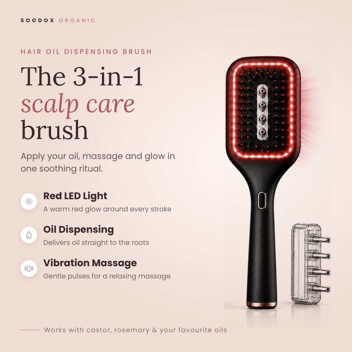 Soodox Organic Hair Oil Dispensing Brush with Red Light Technology in BLACK Color