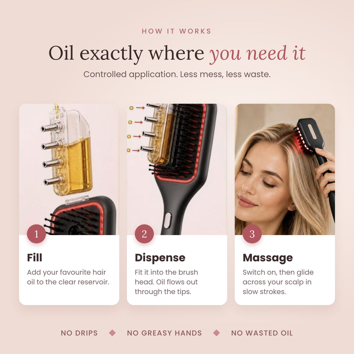 Soodox Organic Hair Oil Dispensing Brush with Red Light Technology in BLACK Color