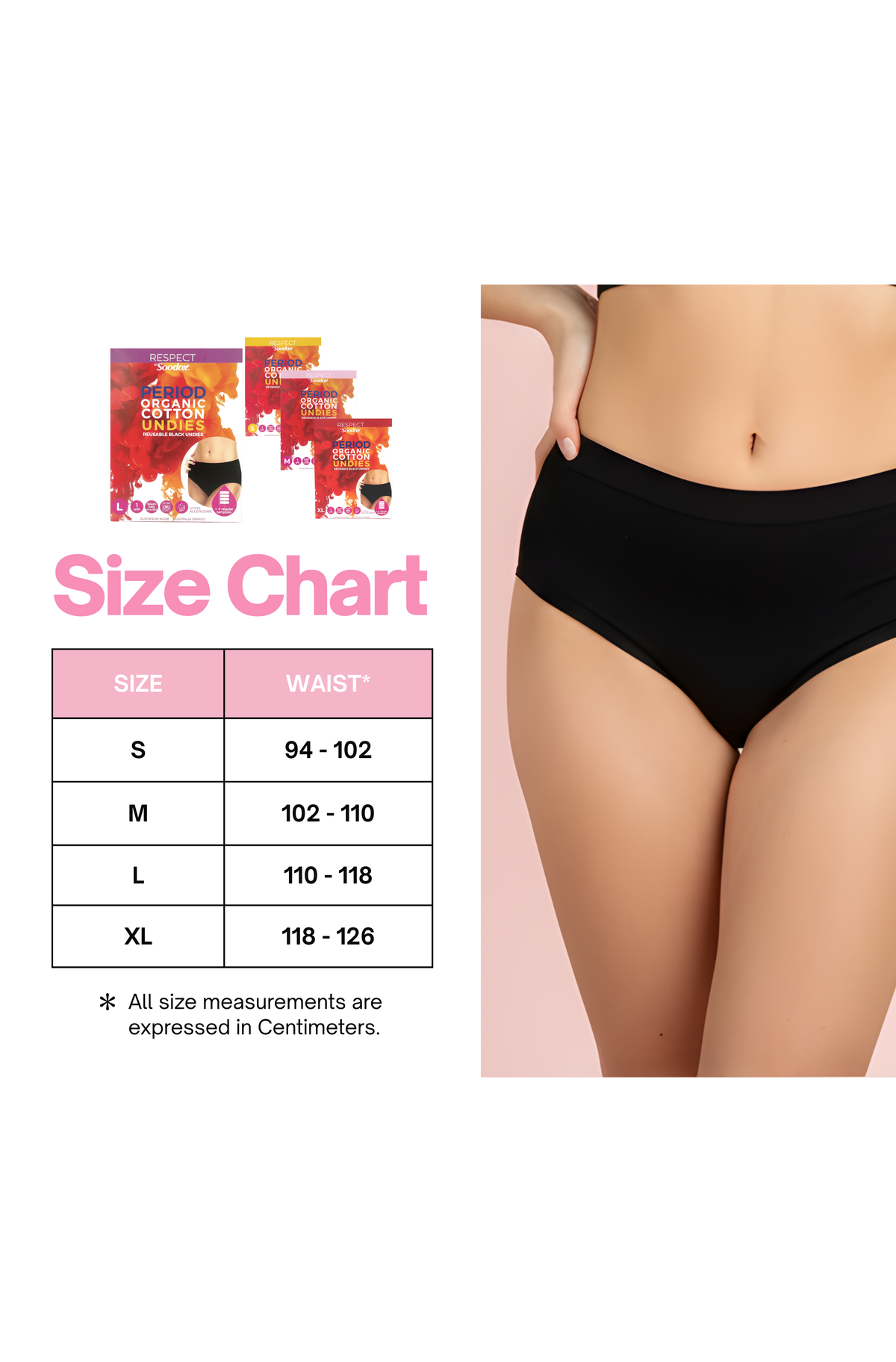 Period undies size chart S to XL with model wearing black undies