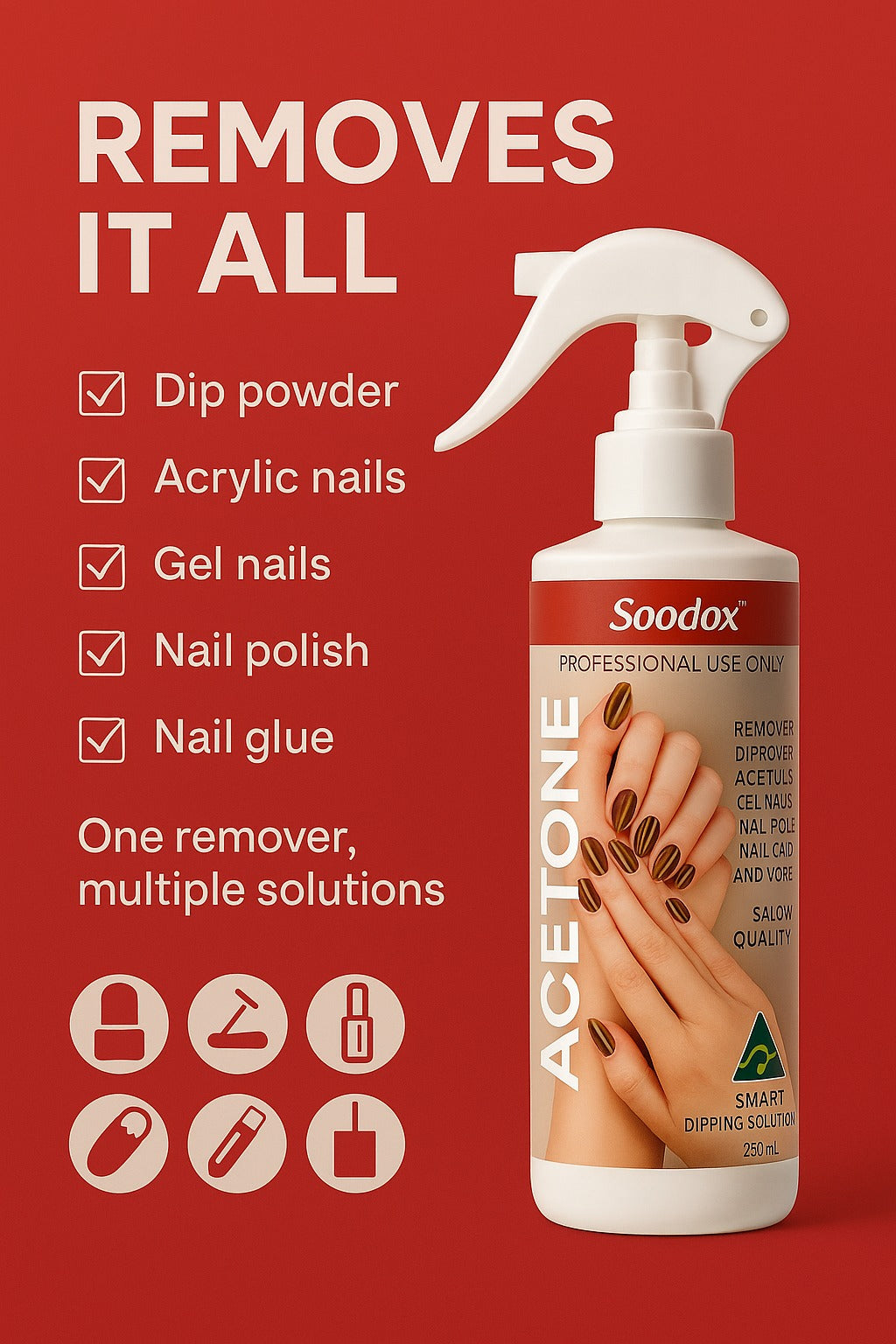 Soodox Acetone spray bottle on red background with list of nail products it removes