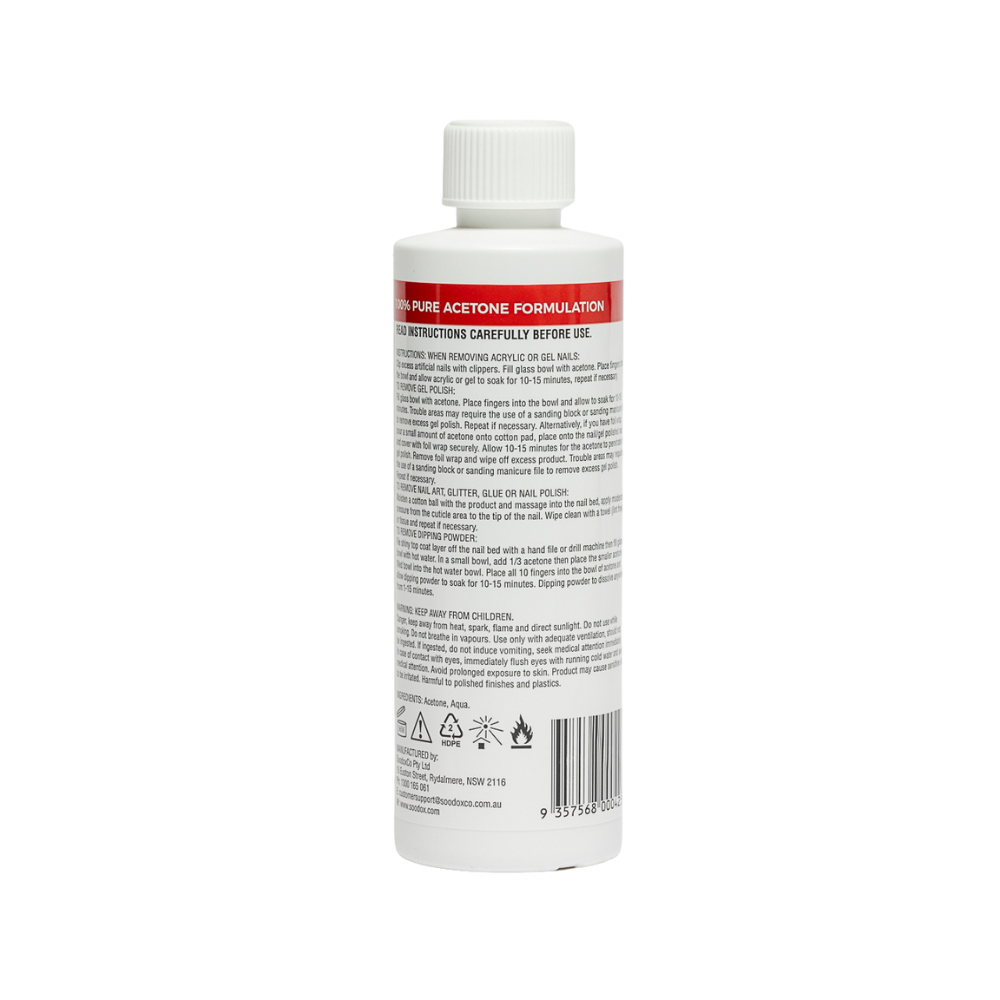 Back label of Soodox Acetone 250mL bottle