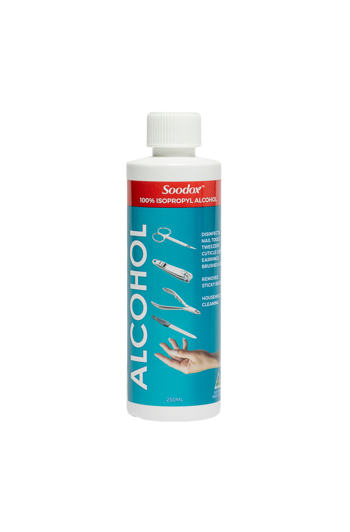 Soodox 100% Isopropyl Alcohol 250mL bottle with white cap