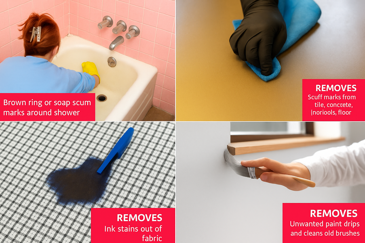 Collage of household cleaning uses for acetone