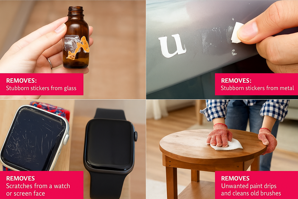 Collage of acetone uses on bottles, glass, watch and wooden table