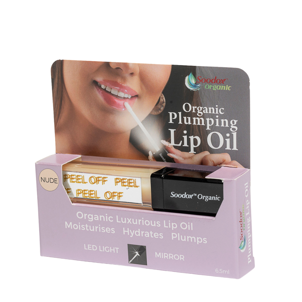 Soodox Organic Plumping Lip Oil box, lilac, angled view