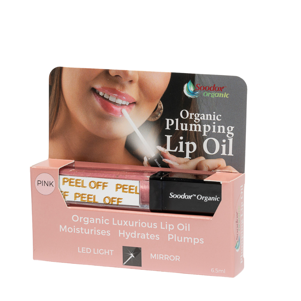 Soodox Organic Plumping Lip Oil box, pink, angled view