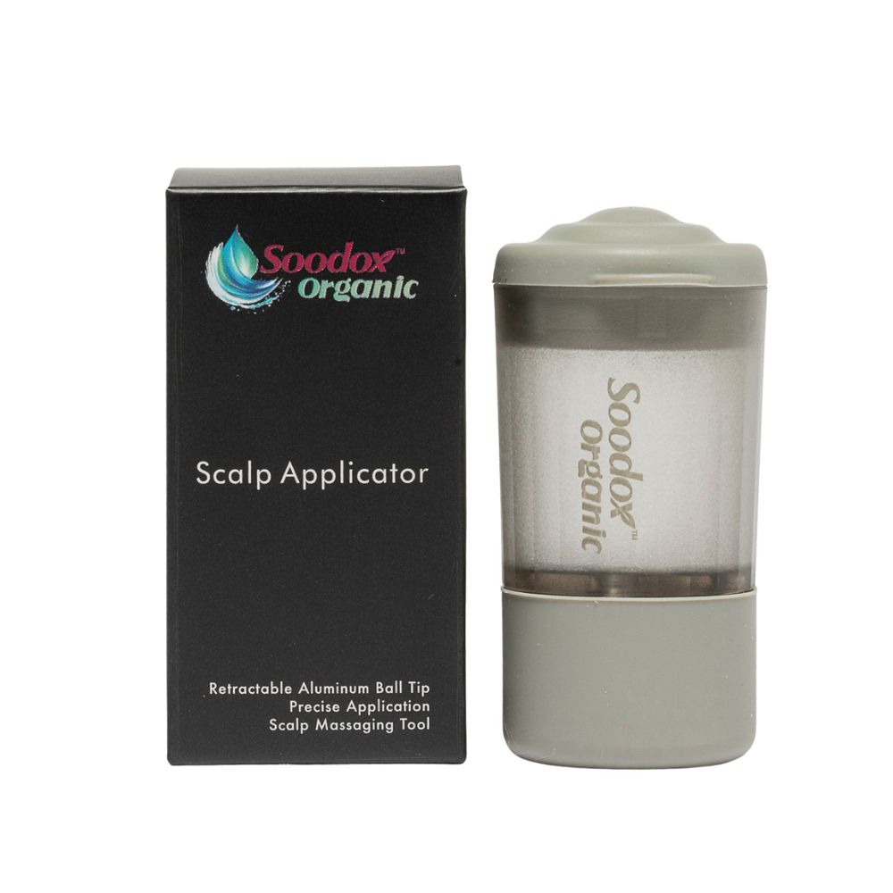 Soodox Organic Scalp Applicator beside its box, front view