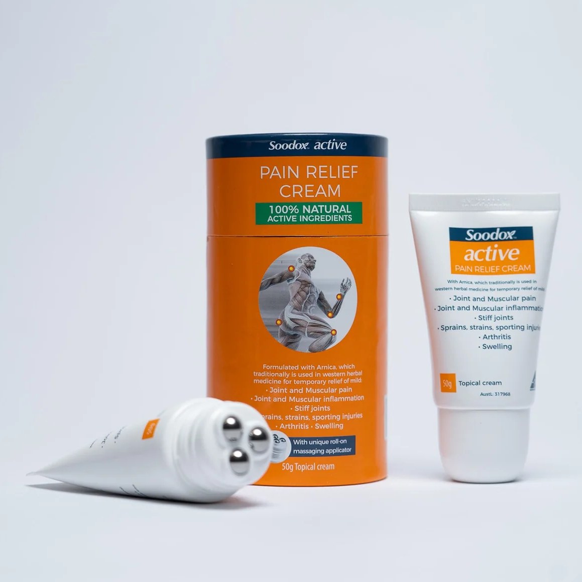 Soodox Active Pain Relief Cream 50g canister with roll-on tube