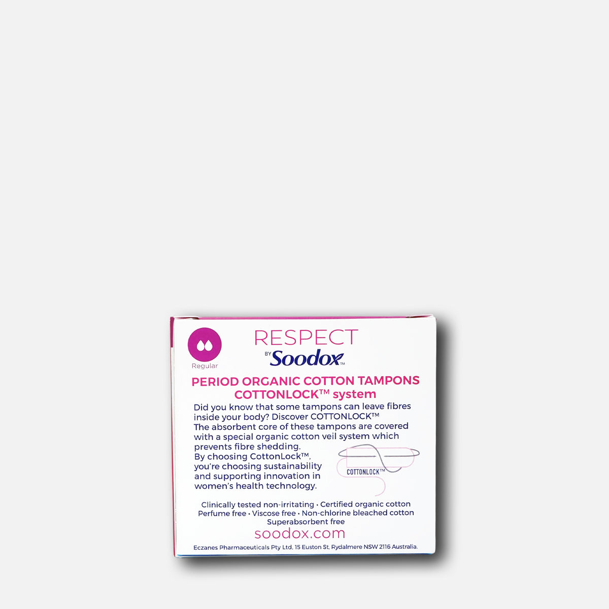 Respect by Soodox organic tampons box back panel