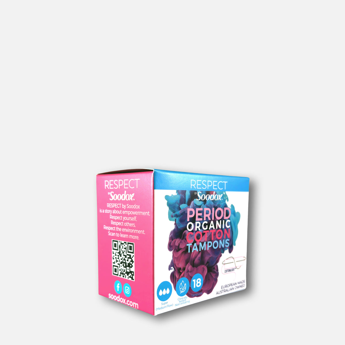 Respect by Soodox Period Organic Tampons Super box, angled view