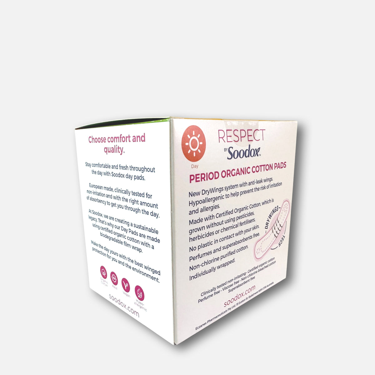 Respect by Soodox organic cotton pads box, back and side panels