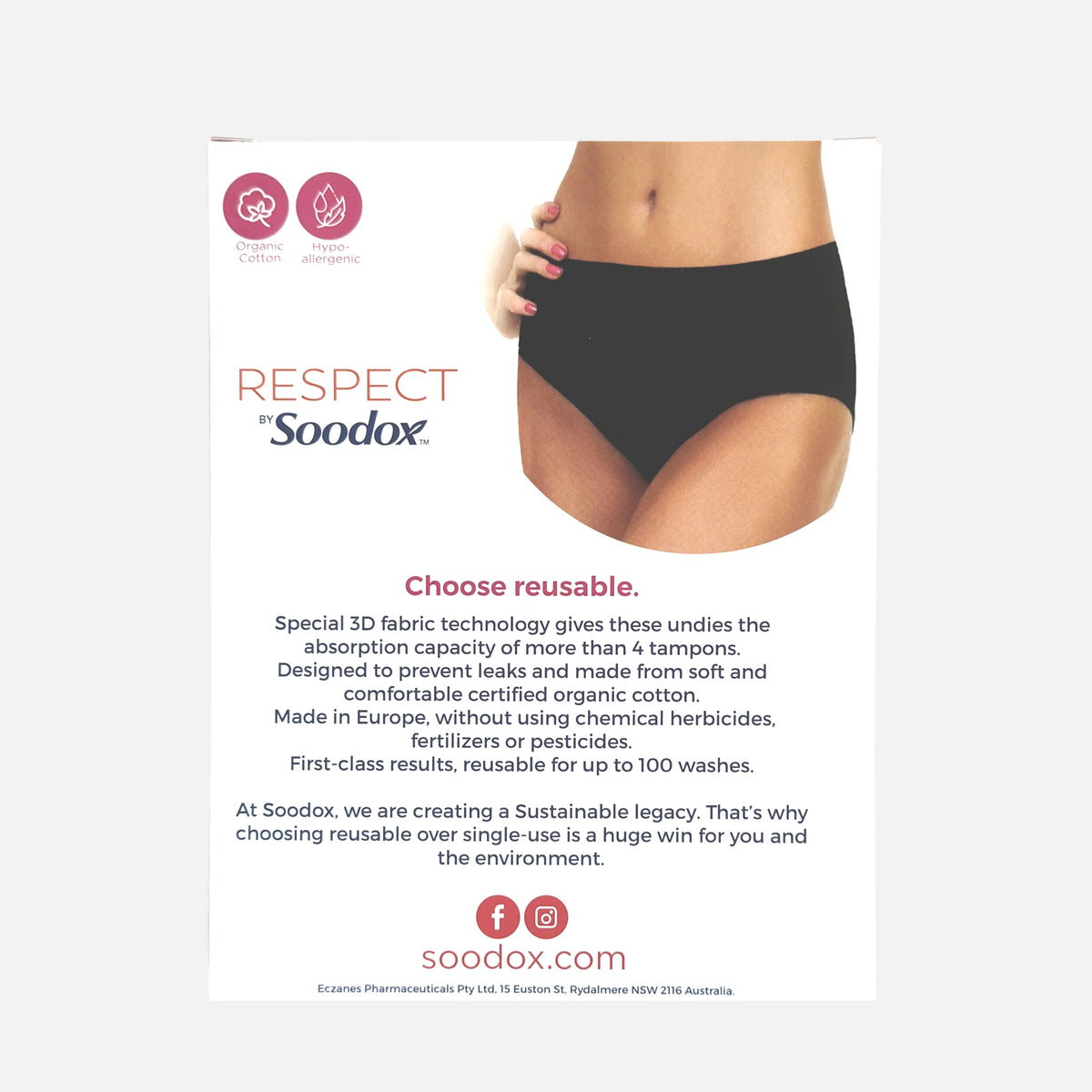 Back of Respect by Soodox period undies box showing black undies
