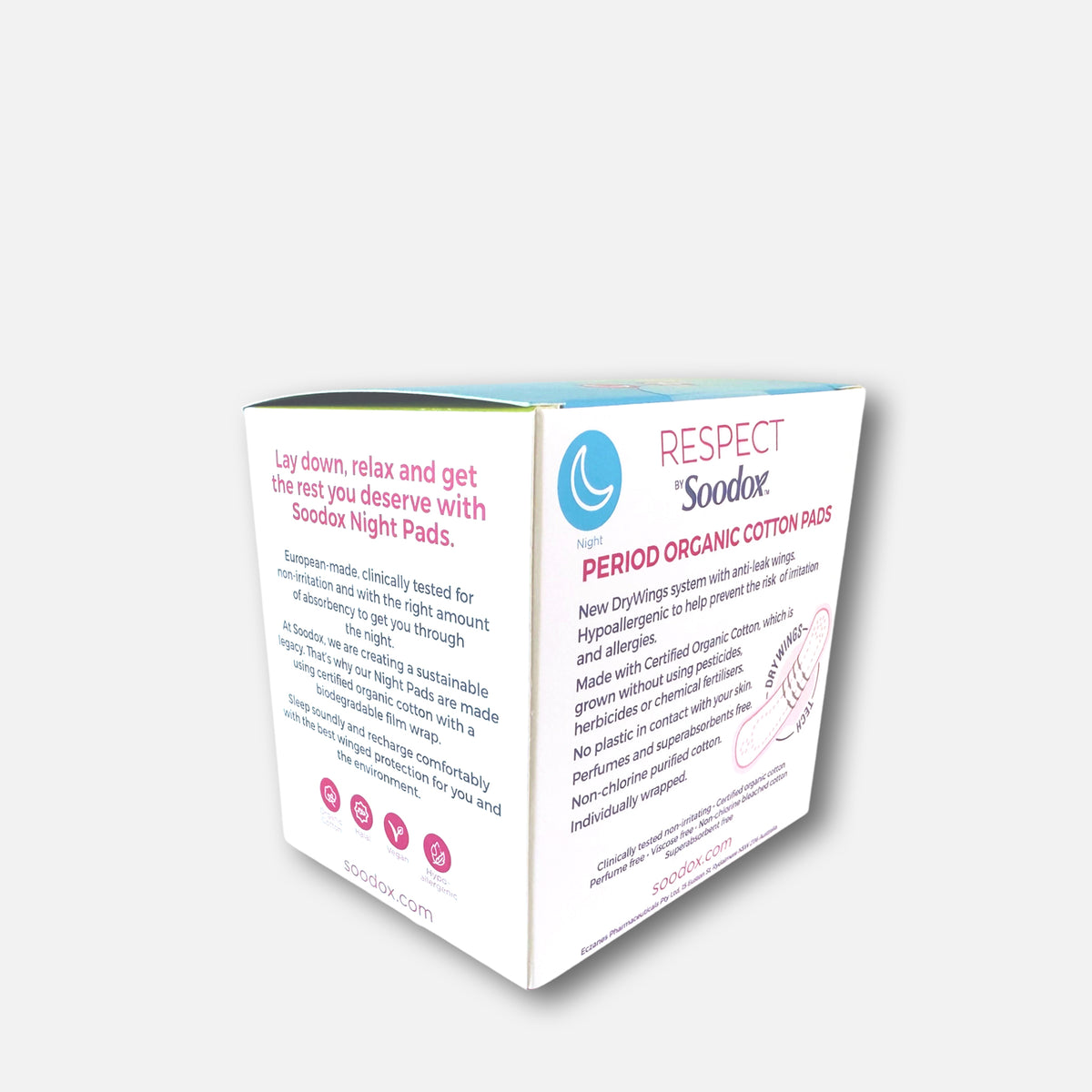 Respect by Soodox organic cotton pads box, back and side panels