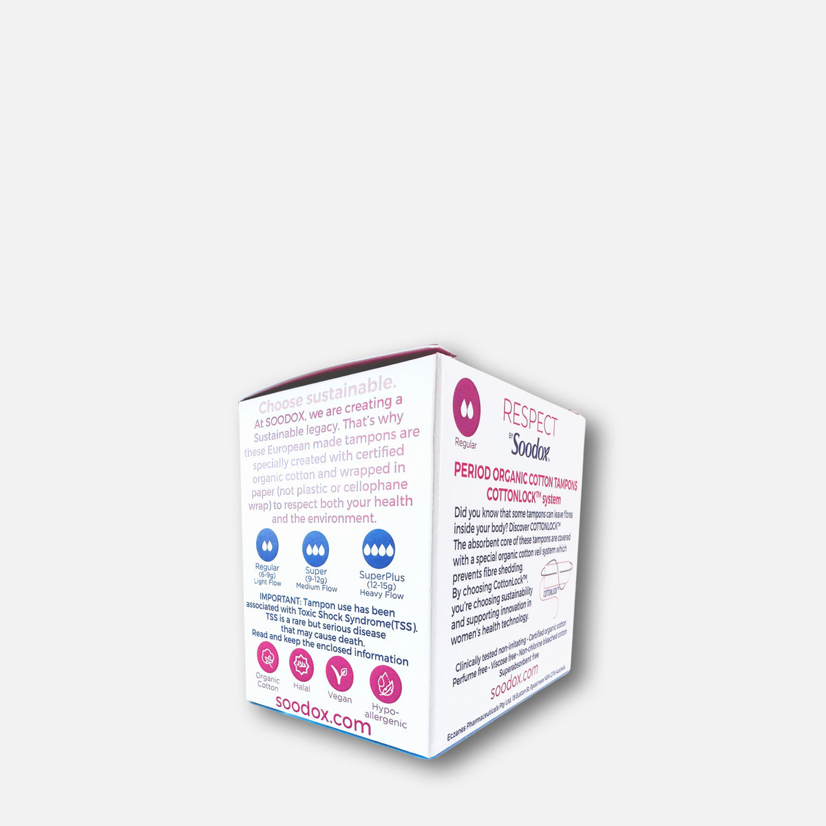 Respect by Soodox organic tampons box, back and side panels