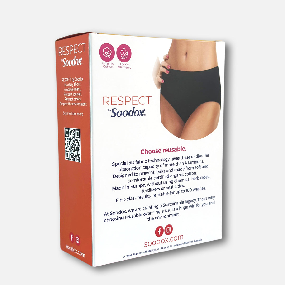 Back of Respect by Soodox period undies box showing black undies