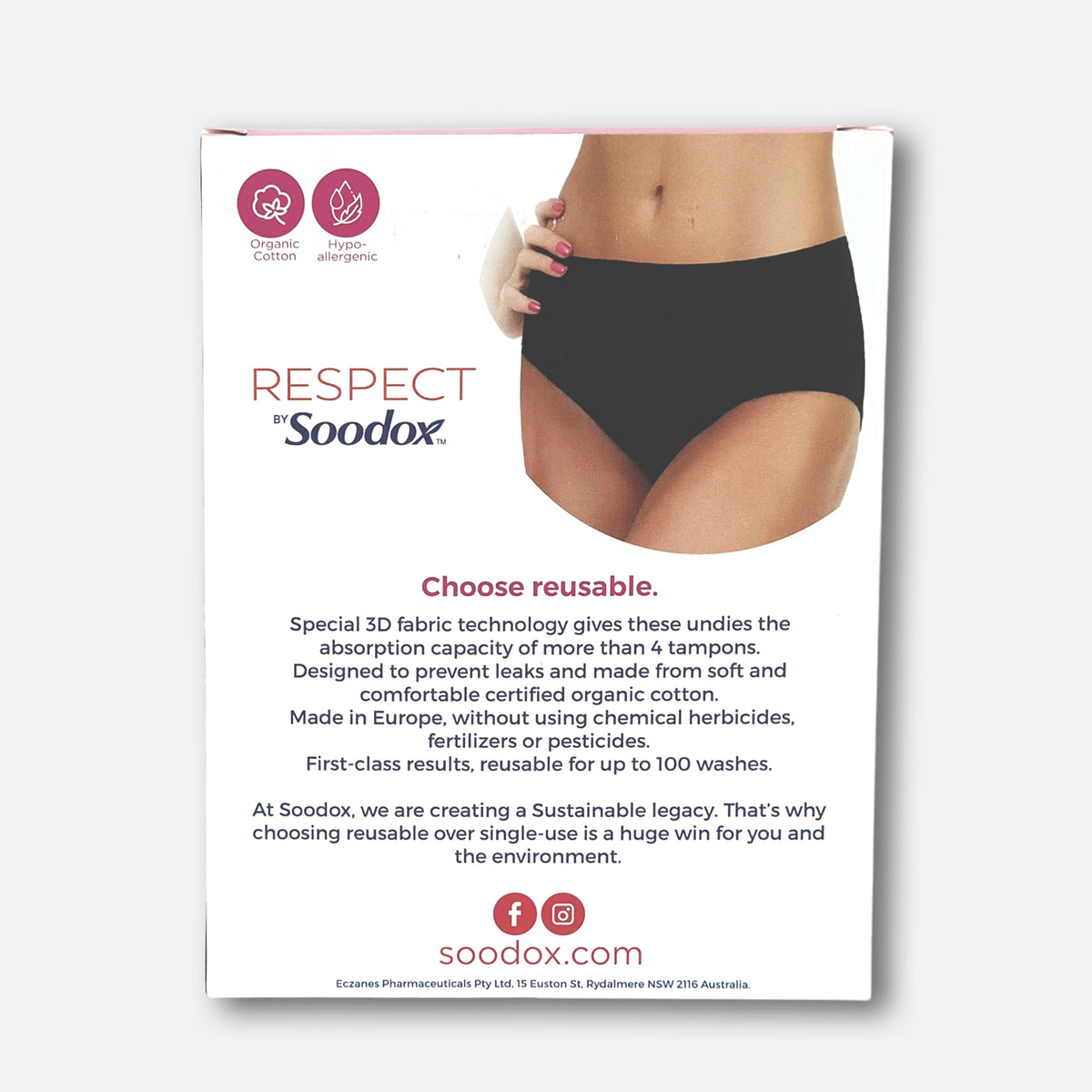 Back of Respect by Soodox period undies box showing black undies