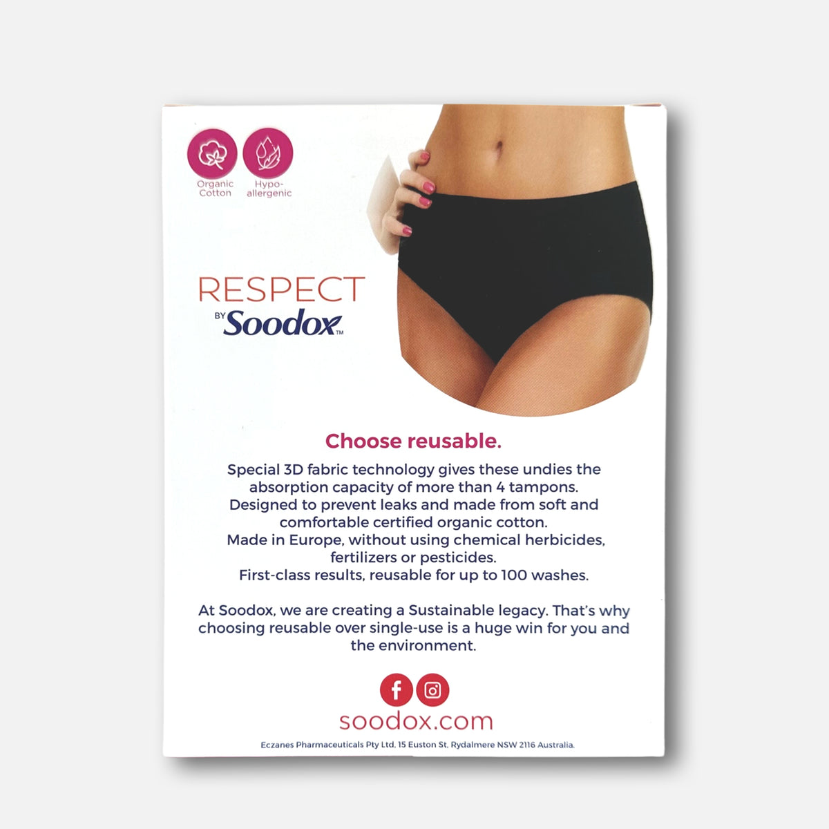 Back of Respect by Soodox period undies box showing black undies