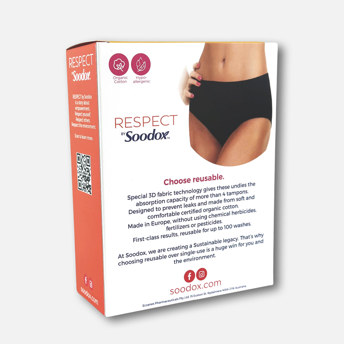 Back of Respect by Soodox period undies box showing black undies