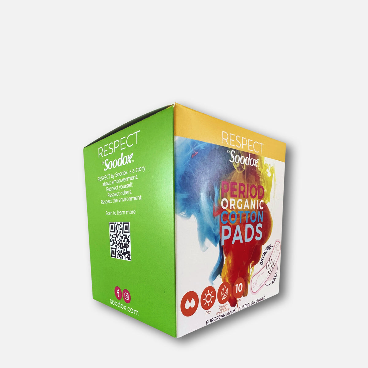 Respect by Soodox Period Organic Cotton Day Pads box, angled view