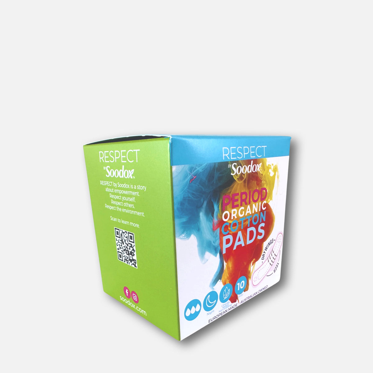 Respect by Soodox Period Organic Cotton Night Pads box, angled view