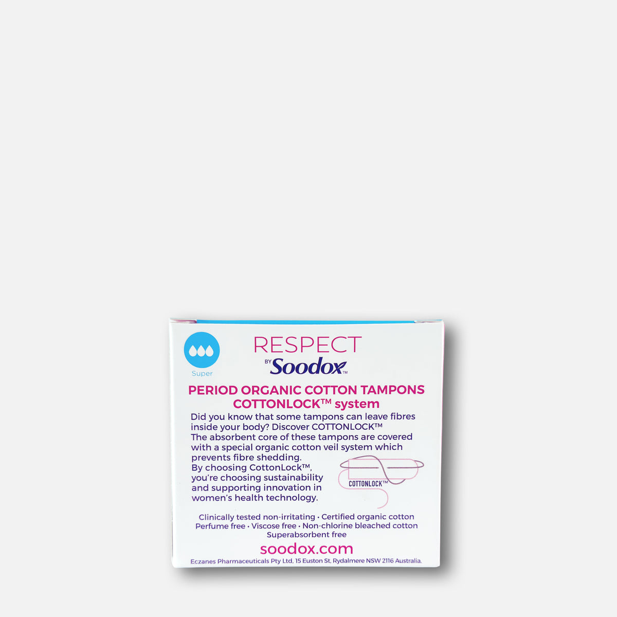 Respect by Soodox organic tampons box back panel
